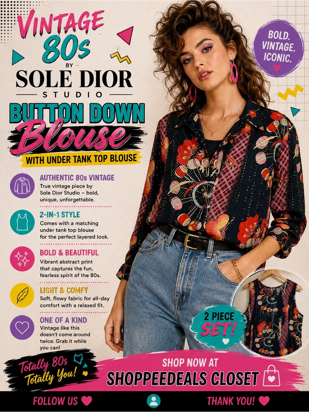 Vintage 80s Sole Dior Studio Button Down Blouse with Matching Tank Top –